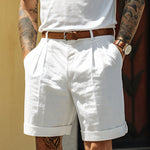 Pleated Linen Shorts with Turn-Up Hem - white