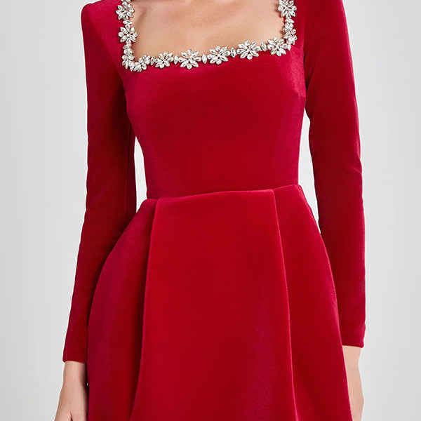 Floral Embellished Square Neck Mini Dress - red
