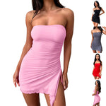 Ruched Strapless Bodycon Mini Dress with Side Split