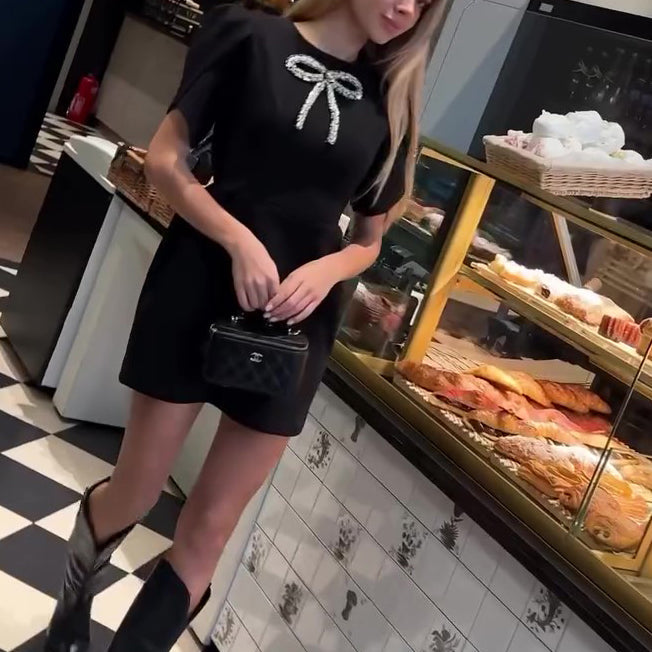 Elegant Rhinestone Bow Petal Sleeve Mini Dress