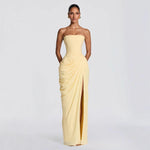 French Style Romantic Strapless Pleated Slit Maxi Dress - yellow