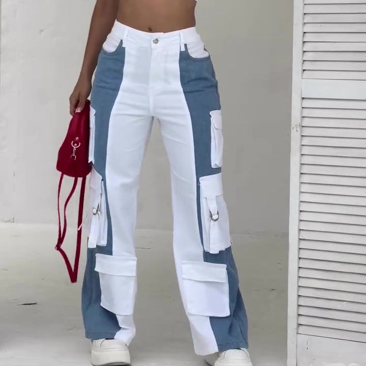 Contrast Pocket Cargo Jeans - white