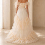 Champagne Off-Shoulder Double-Ruffle Corset-Bodice Tiered Tulle A-Line Floor-Length Maxi Gown