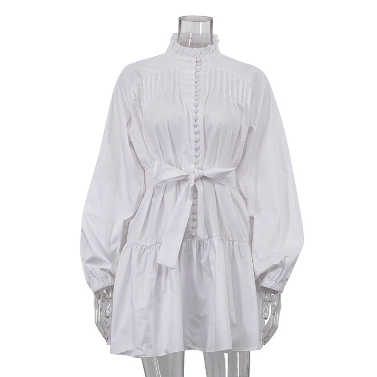 Elegant Long-Sleeved Lotus Collar Pleated Design Sense Single-breasted Strap A- Line Dress