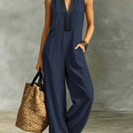 V-Neck Contrast-Trim Sleeveless Wide-Leg Jumpsuit - dark blue