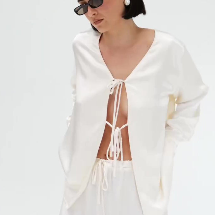 Cream Satin Tie-Front Top And Wide-Leg Pants Set