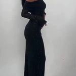 Off-Shoulder Maxi Dress With Glitter Detail And Mesh Sleeves