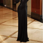 Deep V Long Sleeve Pleated Maxi Dress - black