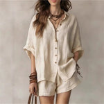 Single-Breasted Short-Sleeved Shirt Wide-Leg Shorts - khaki