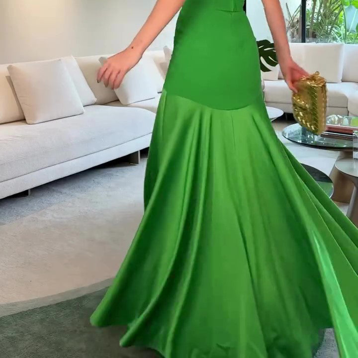Green Tube Top With Satin Patchwork Evening Maxi Dress