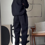 Casual Round Neck Long Sleeve Sweatshirt & Elastic Waist Pants Set - black