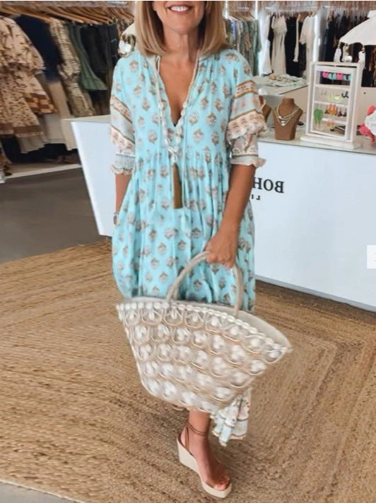 V-Neck Ruffle Long Dress Beach - Blue