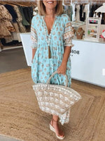 V-Neck Ruffle Long Dress Beach - Blue