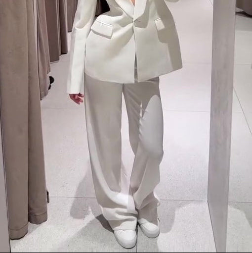 Solid Color Lapel Suit Jacket & High Waist Pants Set
