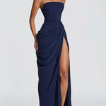 French Style Romantic Strapless Pleated Slit Maxi Dress - navy blue