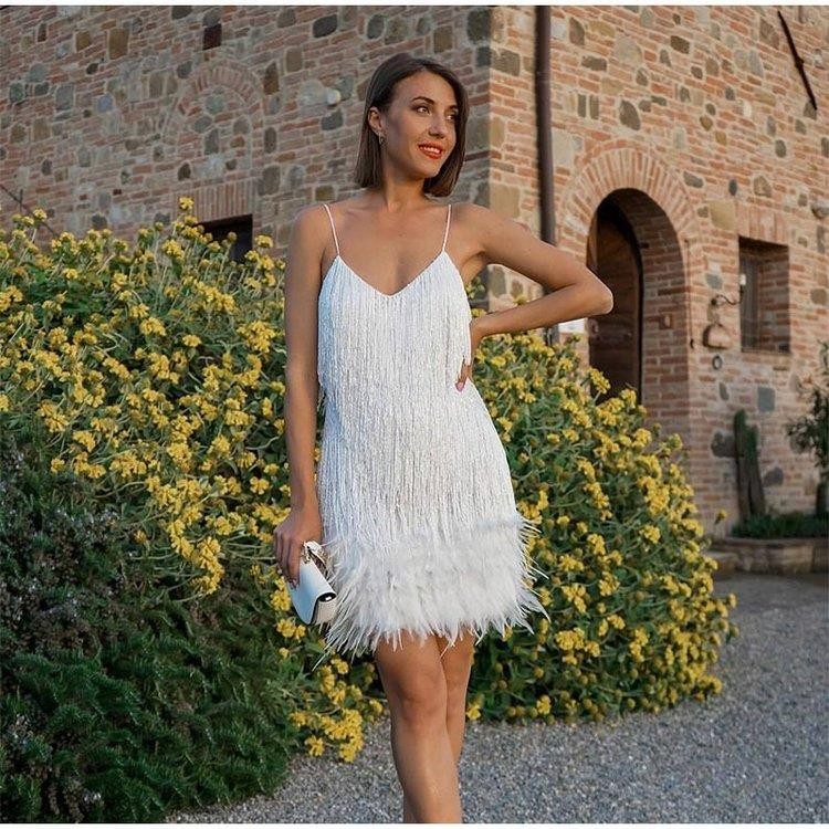 Tassel Sequins Feather Summer Mini Dress - white