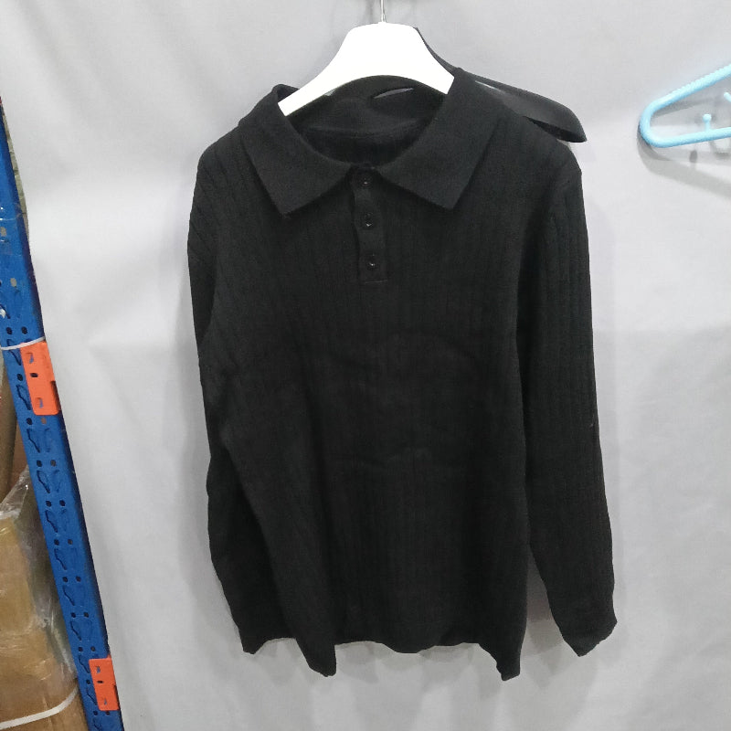 Men's Ribbed Long Sleeve Knit Polo Shirt - black
