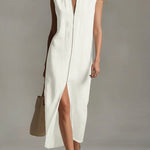 Sleeveless Stand Collar Zip Front Maxi Dress - white