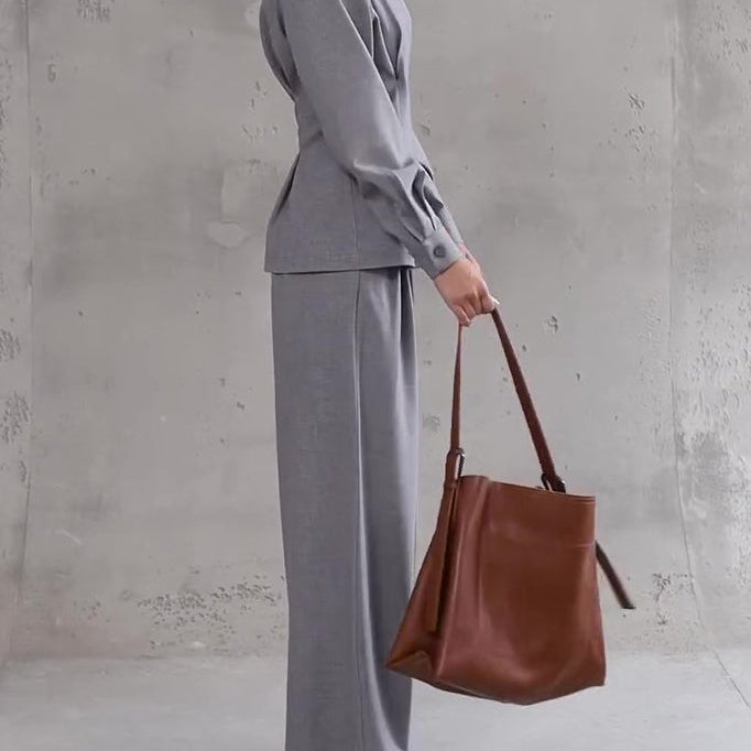 Light Grey V-Neck Asymmetrical Button Top & Wide-Leg Pants Set - grey