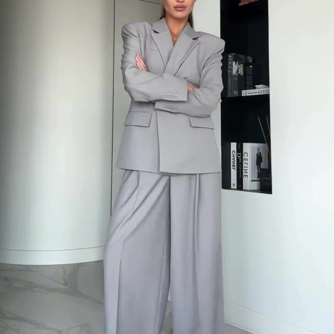 Grey Single-button Blazer & Wide-leg Pants Suit 