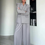 Grey Single-button Blazer & Wide-leg Pants Suit 