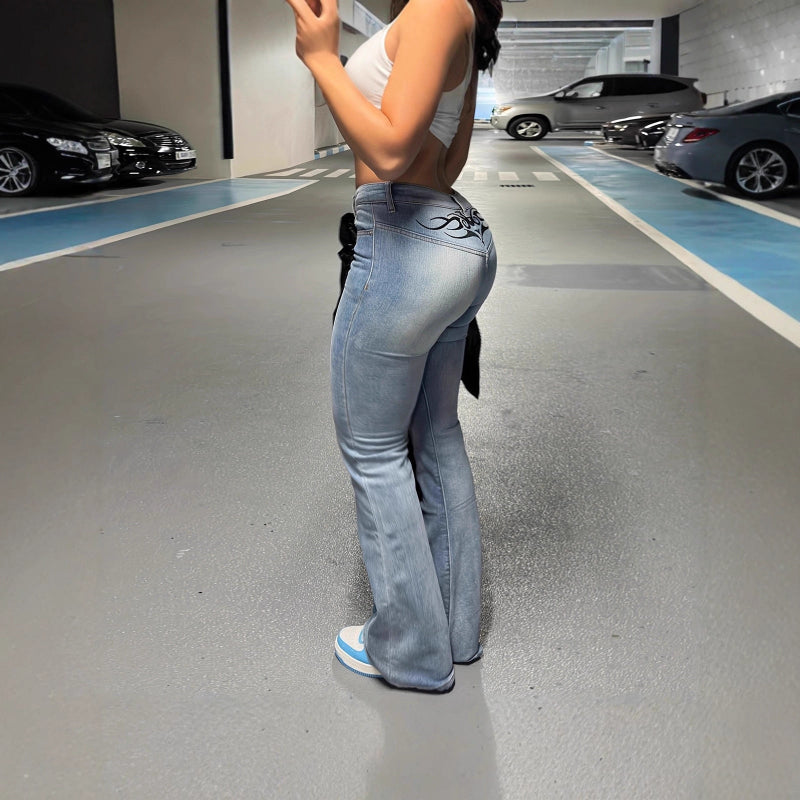 Tribal-Print Yoke High-Rise High-Stretch Flared Floor-Length Denim Jeans — 4 Colours, S–2XL