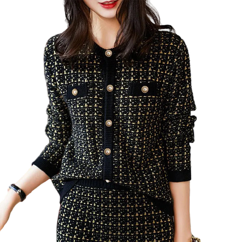 Textured Button-Front Jacket and Skirt Set- black
