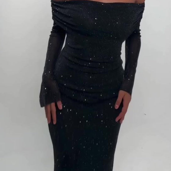 Off-Shoulder Maxi Dress With Glitter Detail And Mesh Sleeves - dark green
