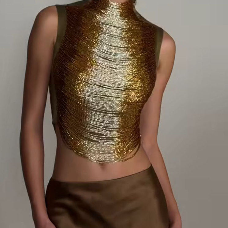 Elegant Sleeveless Tassel-trimmed Zippered Satin Fishtail Maxi Dress Set - gold