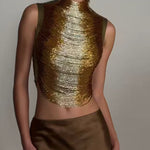Elegant Sleeveless Tassel-trimmed Zippered Satin Fishtail Maxi Dress Set - gold
