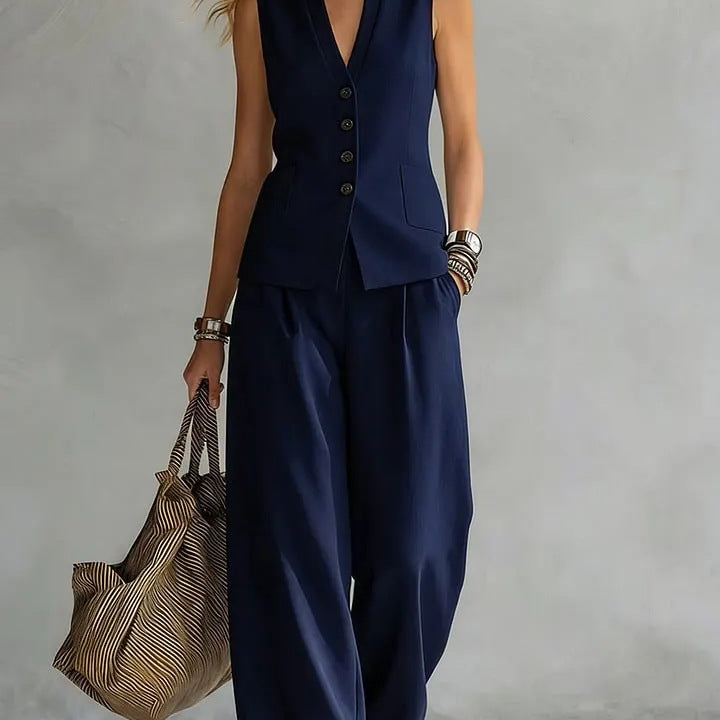 Two-piece V-Neck Sleeveless Vest And Wide Leg Pants - navy blue