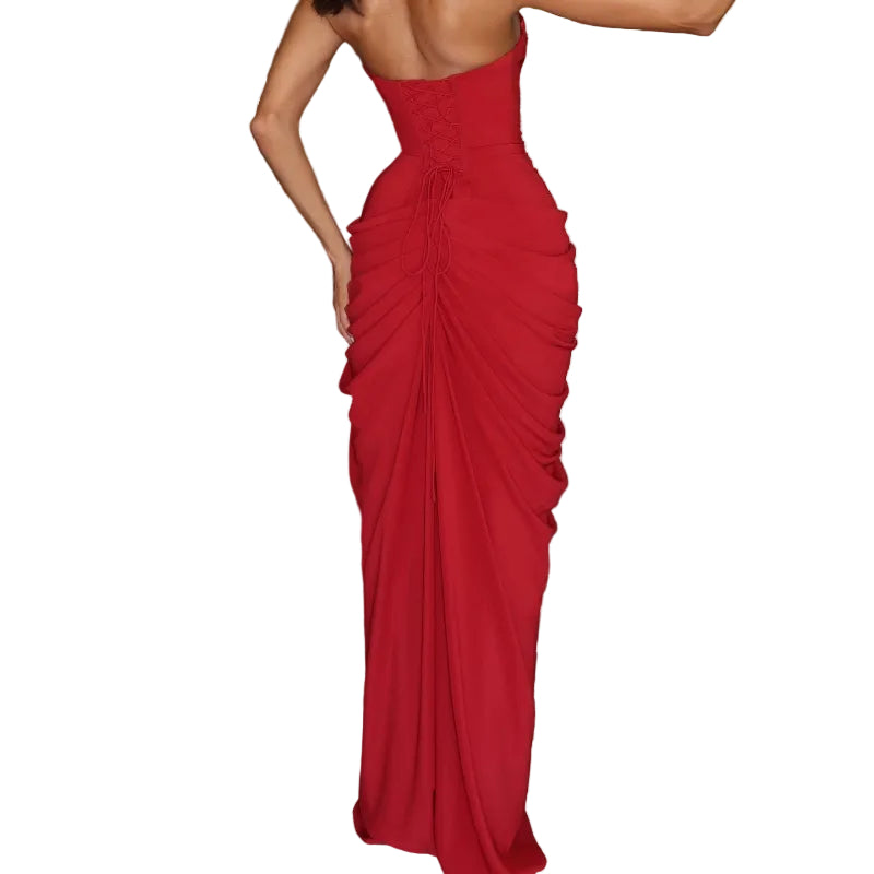 French Style Romantic Strapless Pleated Slit Maxi Dress