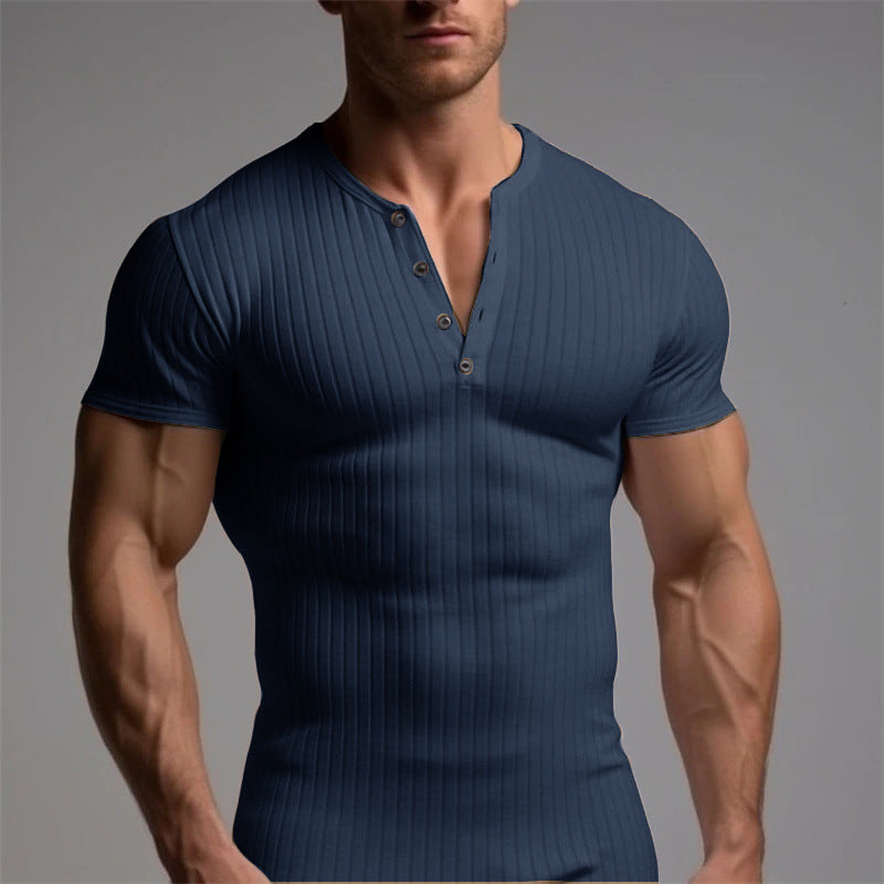 V-neck Button T-shirt - blue