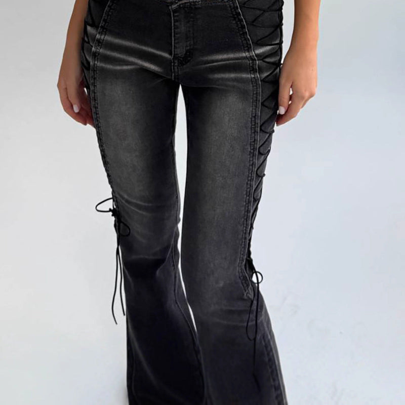 Washed Distressed Side Lace-Up Flare Jeans