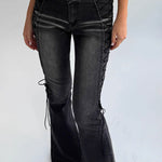 Washed Distressed Side Lace-Up Flare Jeans