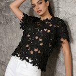Black Floral Lace Cut-Out Short Sleeve Top