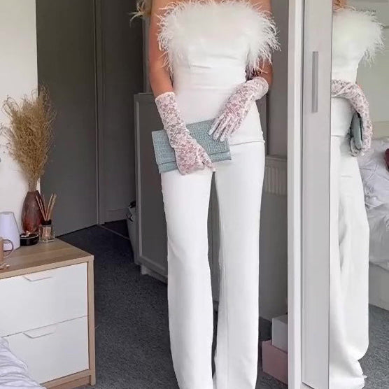 Elegant White Off-Shoulder Jumpsuit With Feather Accents