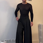 Black Mesh Long-Sleeve Top With Sheer Design