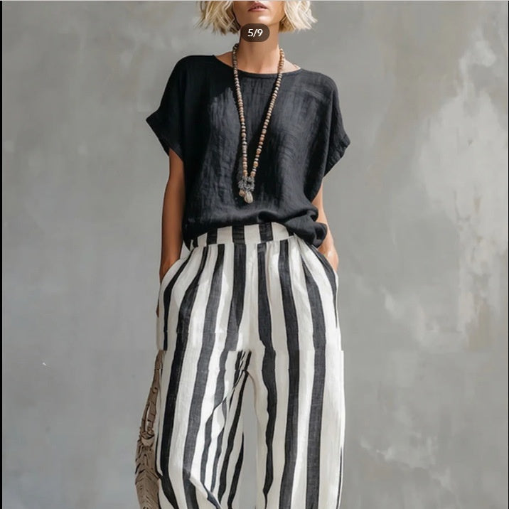 Round Neck Pullover T-Shirt And Striped Print Straight Leg Pants - black