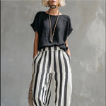 Round Neck Pullover T-Shirt And Striped Print Straight Leg Pants - black