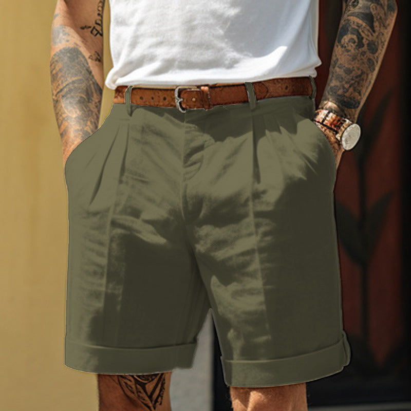 Pleated Linen Shorts with Turn-Up Hem - green