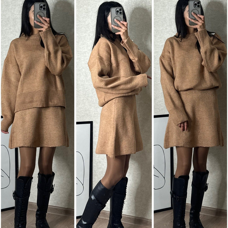 Long Sleeve Pullover Elegant Solid High Waist Mini Skirt Outfit