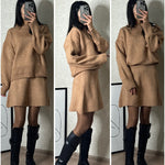 Long Sleeve Pullover Elegant Solid High Waist Mini Skirt Outfit