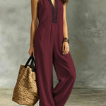 V-Neck Contrast-Trim Sleeveless Wide-Leg Jumpsuit - maroon