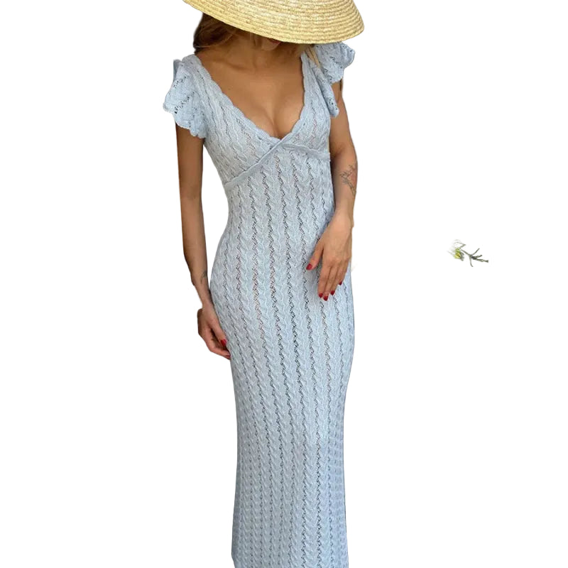 Flutter Sleeve V-Neck Openwork Maxi Dress - blue