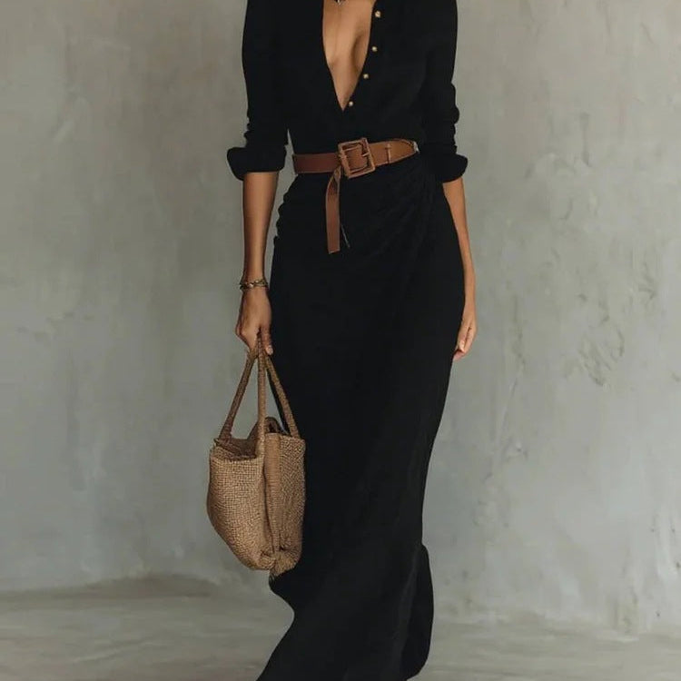 Belted Wrap-Drape Maxi Shirt Dress - khaki - black