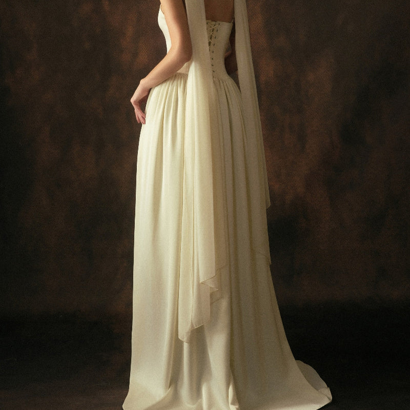 Cream Satin V-Neck Fitted Bodice Full A-Line Gown with Sheer Scarf