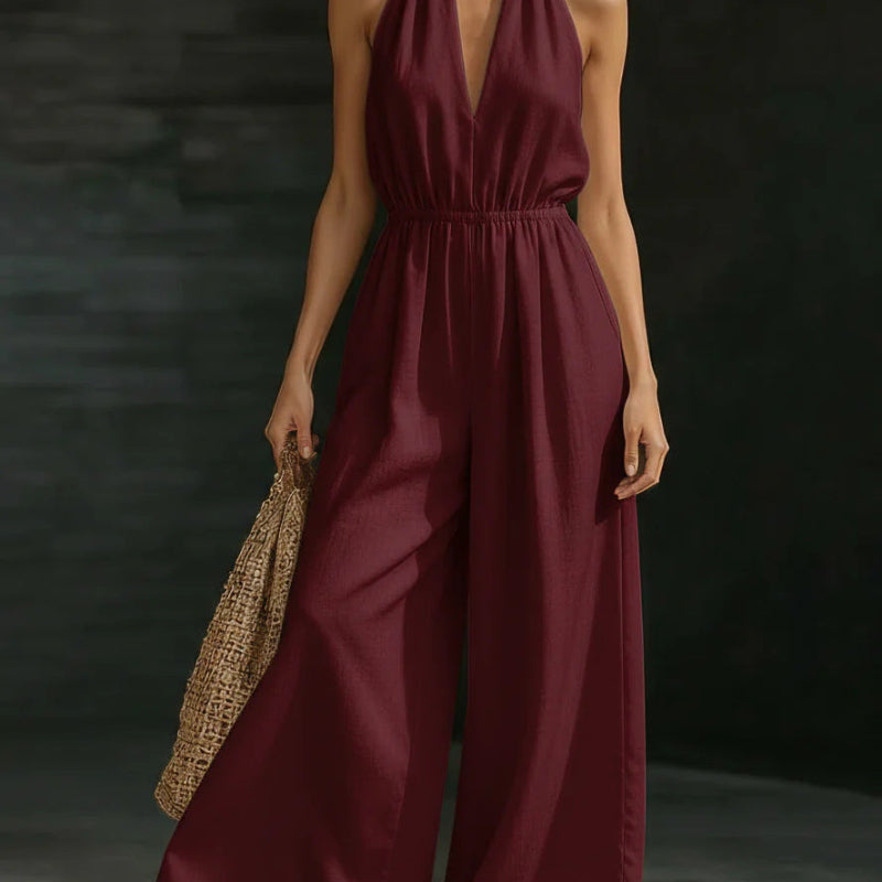 V-neck Halter Jumpsuit - Wine Red