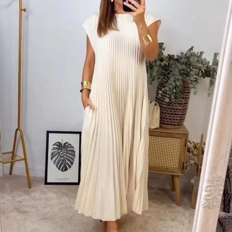 Short Sleeve Pleated Midi Dress -white