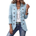 Double-Button Ruffle-Trim Knit Cardigan - light blue